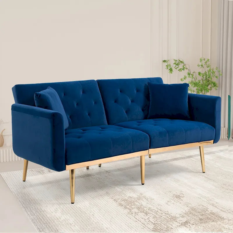 Canapé-lit double minimaliste en velours capitonné avec piètement en métal pour salon
