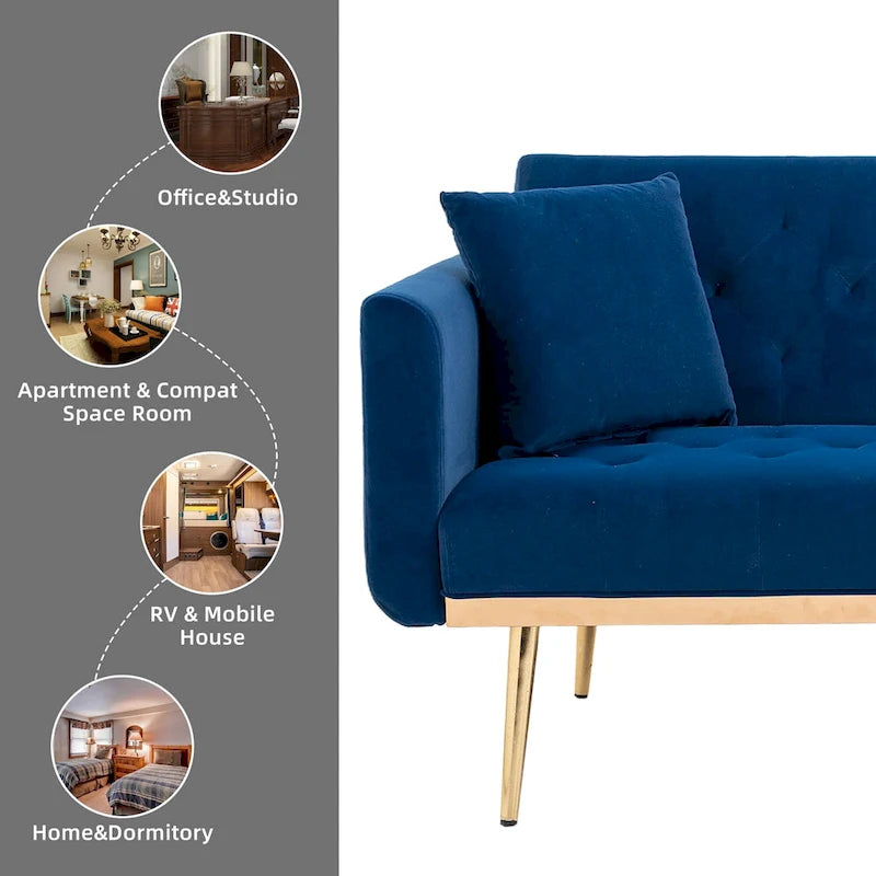 Canapé-lit double minimaliste en velours capitonné avec piètement en métal pour salon