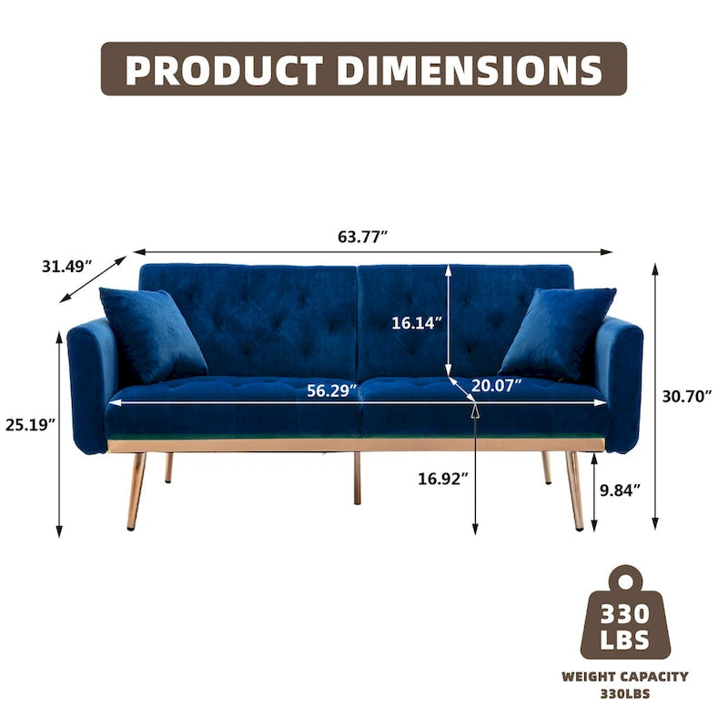 Canapé-lit double minimaliste en velours capitonné avec piètement en métal pour salon