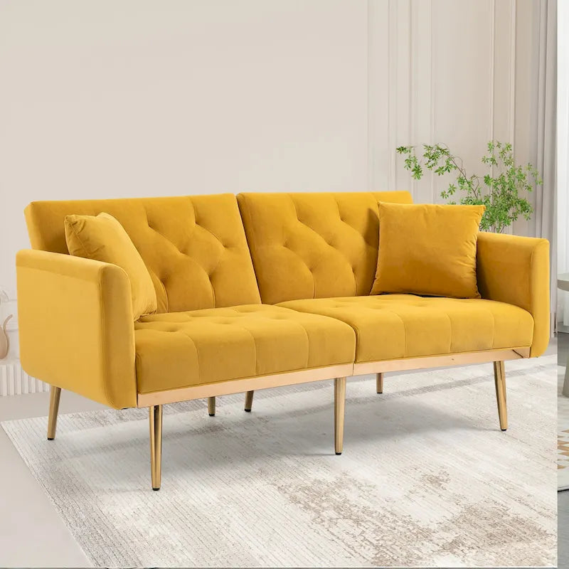 Canapé-lit double minimaliste en velours capitonné avec piètement en métal pour salon