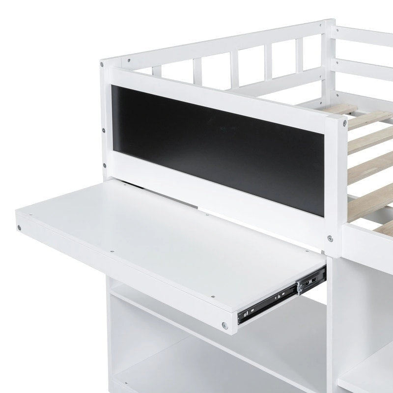 Lit mezzanine bas double avec bureau roulant et tiroirs de rangement