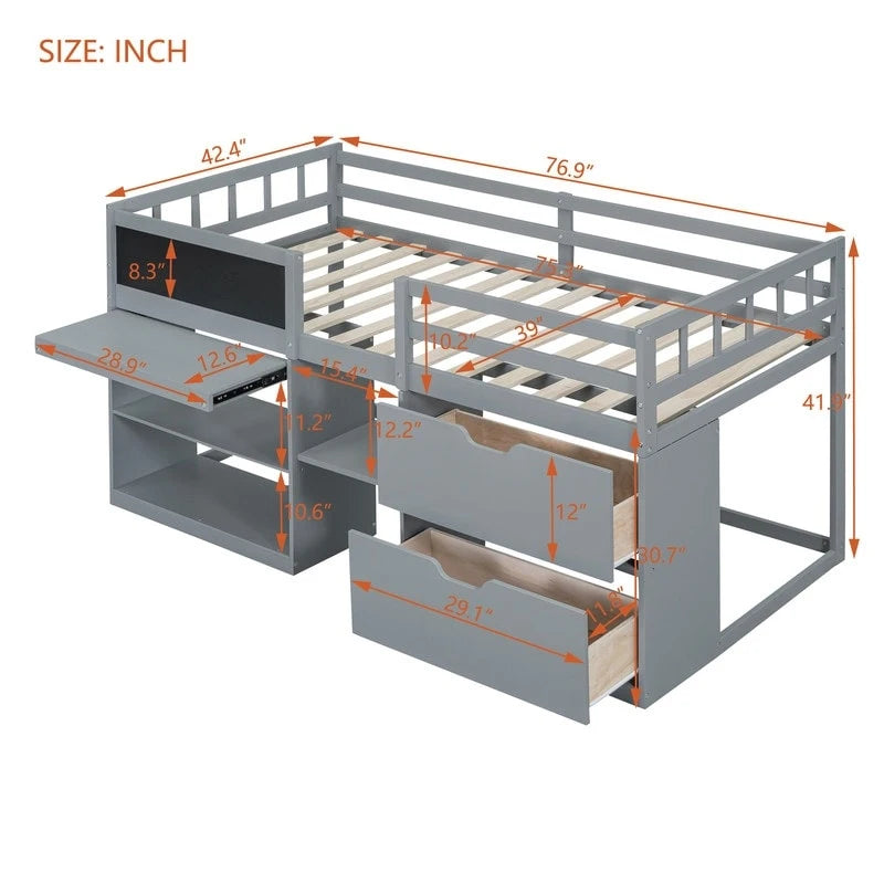 Lit mezzanine bas double avec bureau roulant et tiroirs de rangement