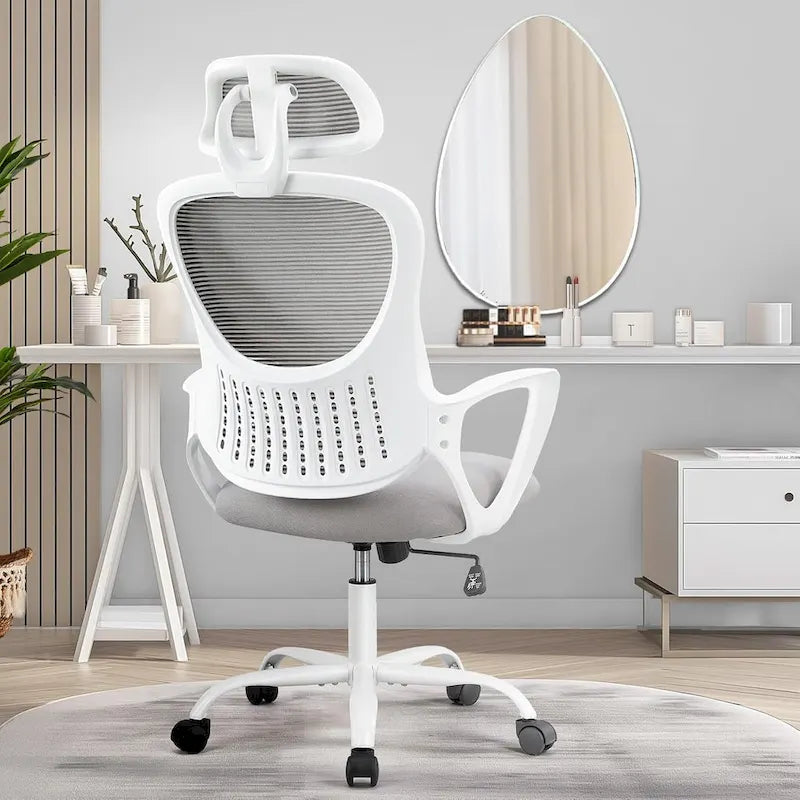Chaise de bureau ergonomique, chaise d'ordinateur confortable en maille à dossier haut avec accoudoirs fixes et appuie-tête réglable, chaise pivotante à roulettes