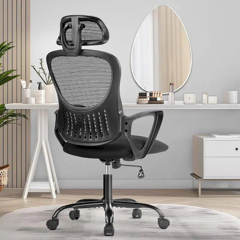 Chaise de bureau ergonomique, chaise d'ordinateur confortable en maille à dossier haut avec accoudoirs fixes et appuie-tête réglable, chaise pivotante à roulettes