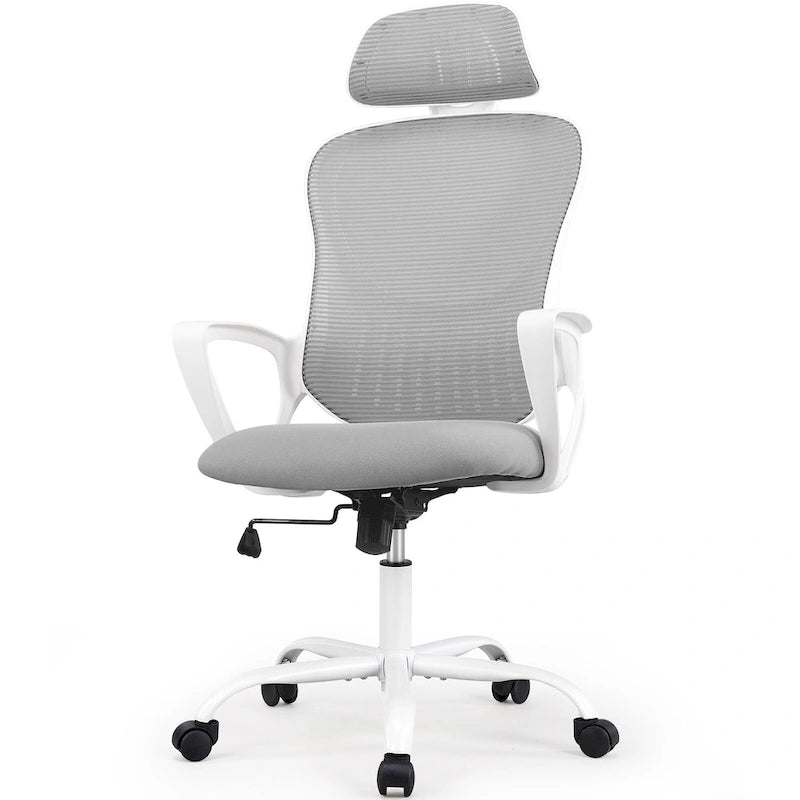Chaise de bureau ergonomique, chaise d'ordinateur confortable en maille à dossier haut avec accoudoirs fixes et appuie-tête réglable, chaise pivotante à roulettes