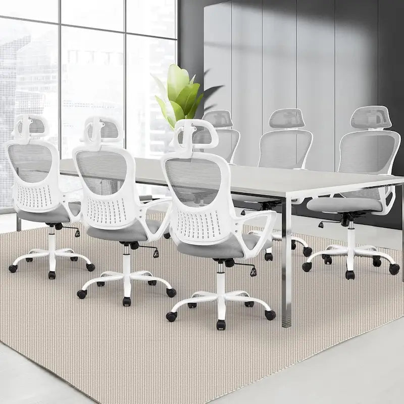 Chaise de bureau ergonomique, chaise d'ordinateur confortable en maille à dossier haut avec accoudoirs fixes et appuie-tête réglable, chaise pivotante à roulettes