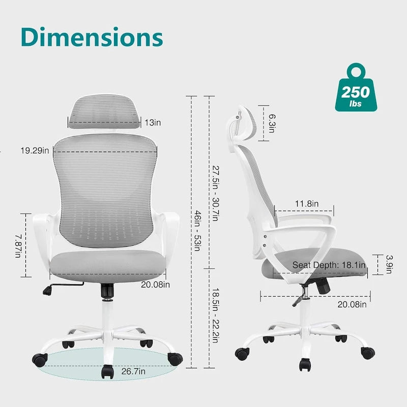 Chaise de bureau ergonomique, chaise d'ordinateur confortable en maille à dossier haut avec accoudoirs fixes et appuie-tête réglable, chaise pivotante à roulettes
