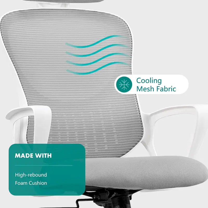 Chaise de bureau ergonomique, chaise d'ordinateur confortable en maille à dossier haut avec accoudoirs fixes et appuie-tête réglable, chaise pivotante à roulettes