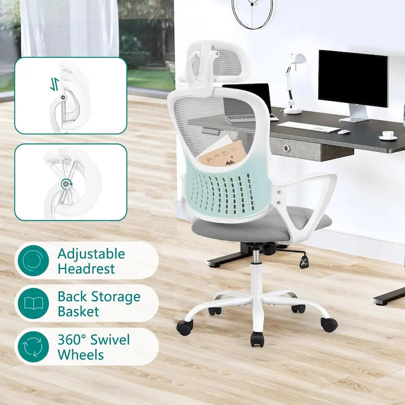 Chaise de bureau ergonomique, chaise d'ordinateur confortable en maille à dossier haut avec accoudoirs fixes et appuie-tête réglable, chaise pivotante à roulettes