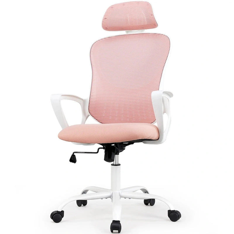 Chaise de bureau ergonomique, chaise d'ordinateur confortable en maille à dossier haut avec accoudoirs fixes et appuie-tête réglable, chaise pivotante à roulettes