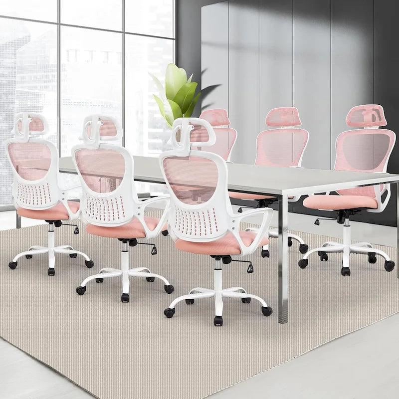 Chaise de bureau ergonomique, chaise d'ordinateur confortable en maille à dossier haut avec accoudoirs fixes et appuie-tête réglable, chaise pivotante à roulettes
