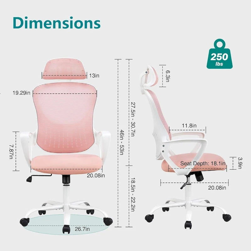 Chaise de bureau ergonomique, chaise d'ordinateur confortable en maille à dossier haut avec accoudoirs fixes et appuie-tête réglable, chaise pivotante à roulettes