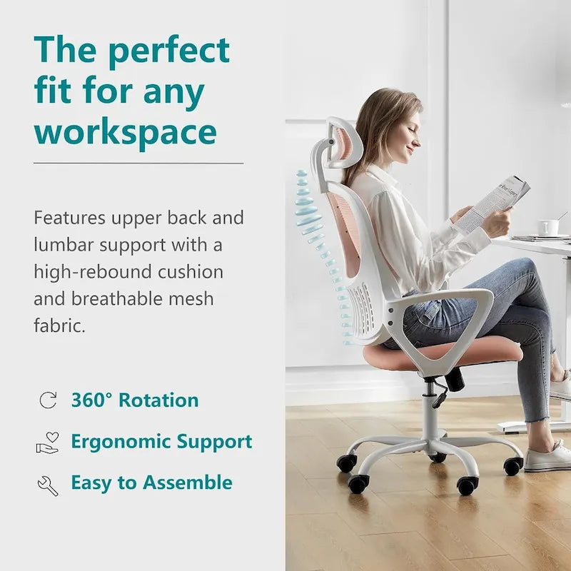 Chaise de bureau ergonomique, chaise d'ordinateur confortable en maille à dossier haut avec accoudoirs fixes et appuie-tête réglable, chaise pivotante à roulettes