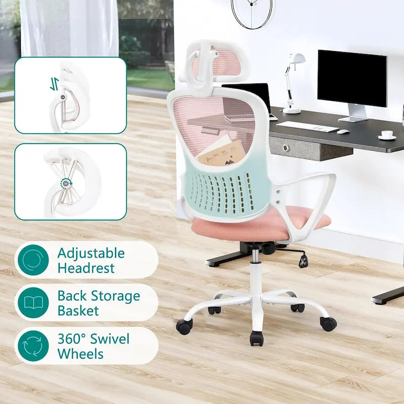 Chaise de bureau ergonomique, chaise d'ordinateur confortable en maille à dossier haut avec accoudoirs fixes et appuie-tête réglable, chaise pivotante à roulettes