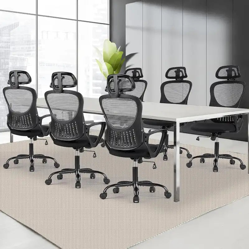 Chaise de bureau ergonomique, chaise d'ordinateur confortable en maille à dossier haut avec accoudoirs fixes et appuie-tête réglable, chaise pivotante à roulettes