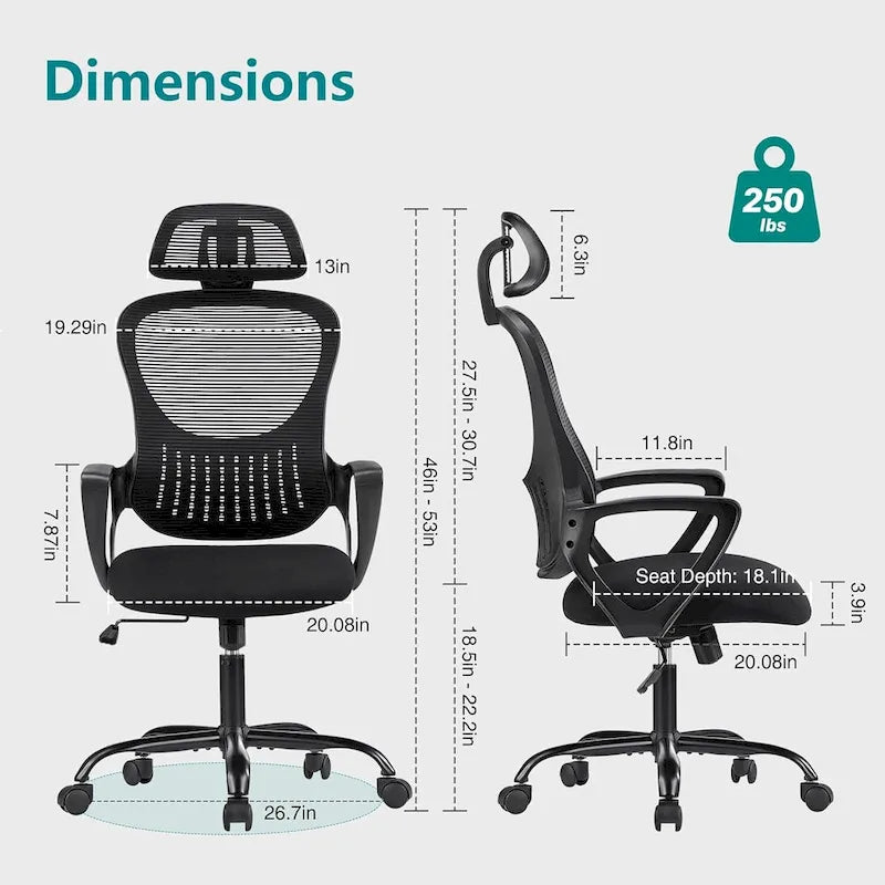 Chaise de bureau ergonomique, chaise d'ordinateur confortable en maille à dossier haut avec accoudoirs fixes et appuie-tête réglable, chaise pivotante à roulettes
