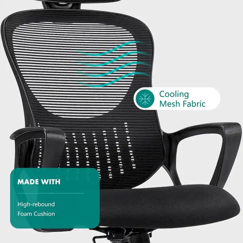 Chaise de bureau ergonomique, chaise d'ordinateur confortable en maille à dossier haut avec accoudoirs fixes et appuie-tête réglable, chaise pivotante à roulettes