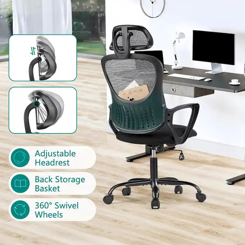Chaise de bureau ergonomique, chaise d'ordinateur confortable en maille à dossier haut avec accoudoirs fixes et appuie-tête réglable, chaise pivotante à roulettes