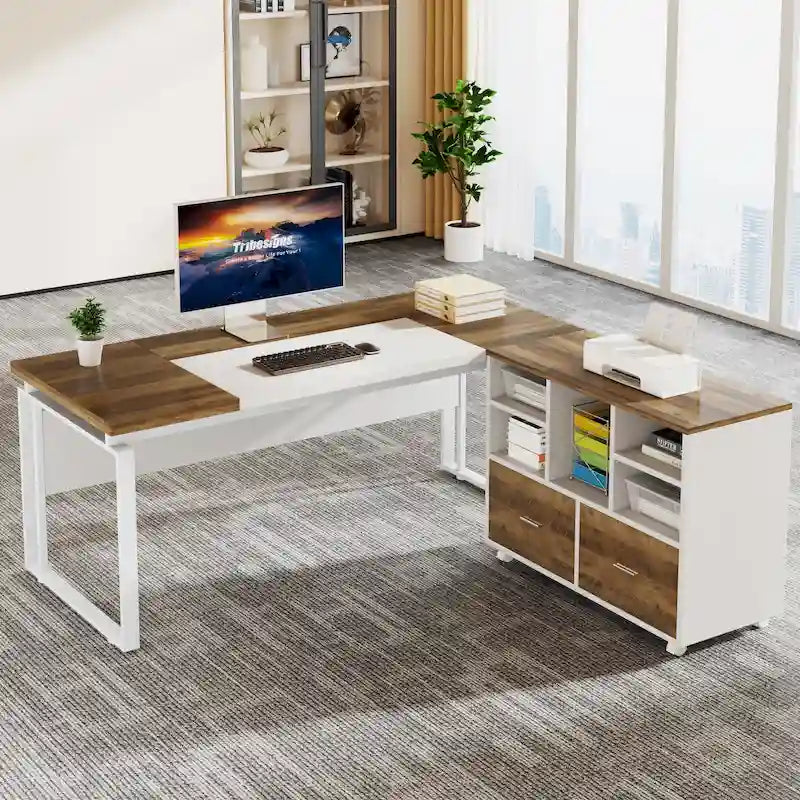 Bureau de direction en L de 63 pouces avec meuble de rangement réversible et tiroirs de rangement