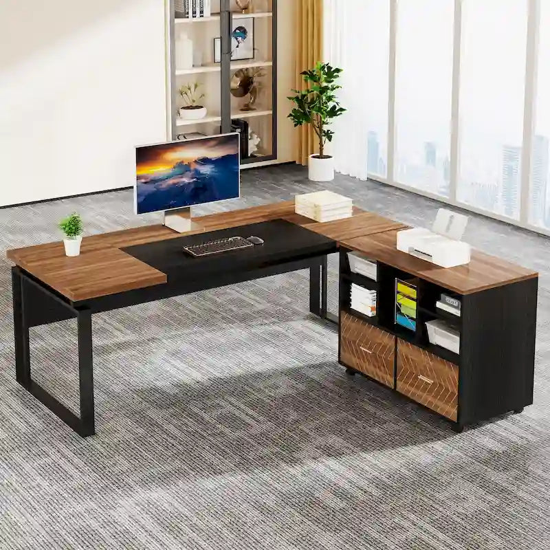 Bureau de direction en L de 63 pouces avec meuble de rangement réversible et tiroirs de rangement