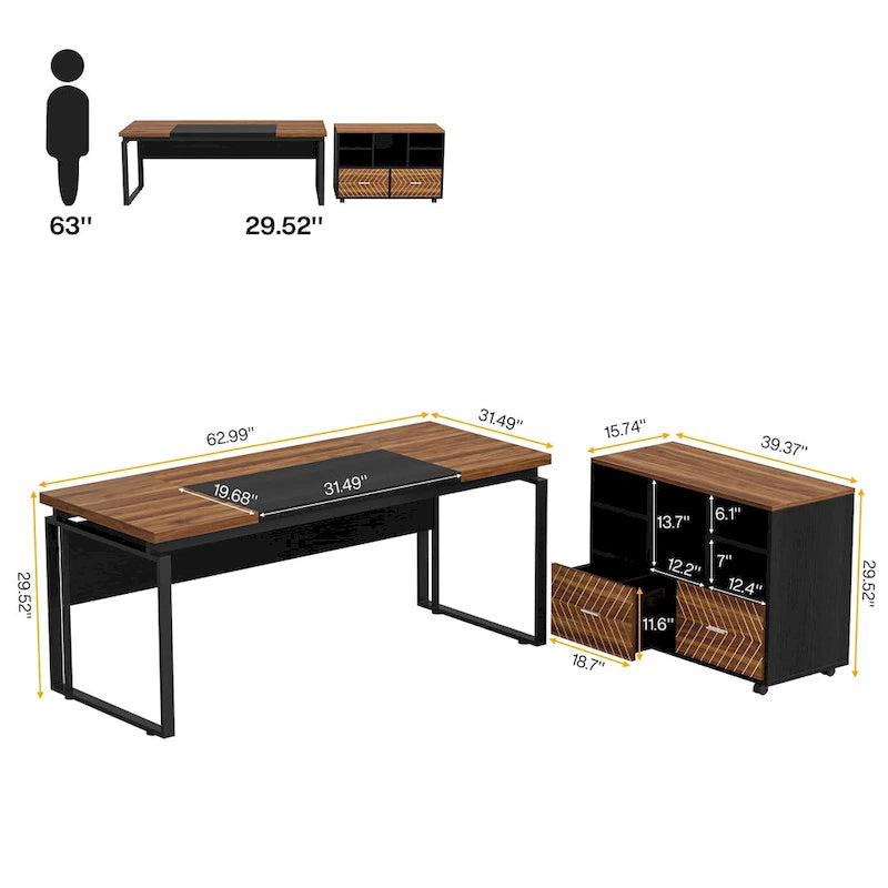 Bureau de direction en L de 63 pouces avec meuble de rangement réversible et tiroirs de rangement