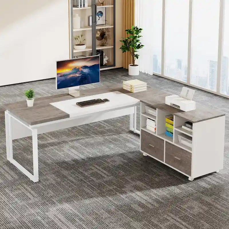Bureau de direction en L de 63 pouces avec meuble de rangement réversible et tiroirs de rangement