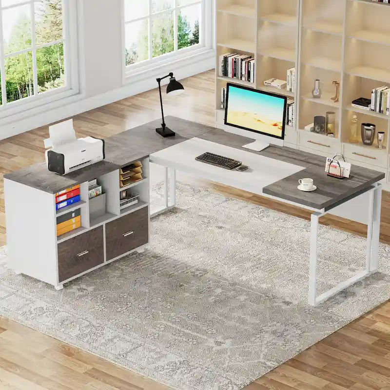 Bureau de direction en L de 63 pouces avec meuble de rangement réversible et tiroirs de rangement