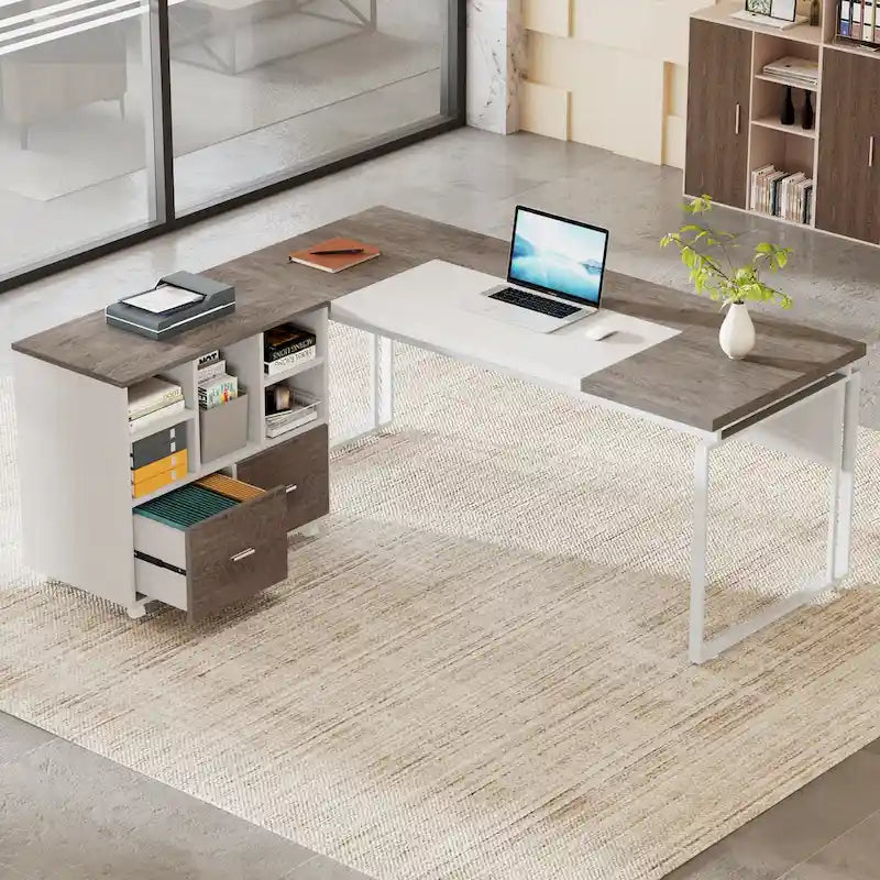 Bureau de direction en L de 63 pouces avec meuble de rangement réversible et tiroirs de rangement