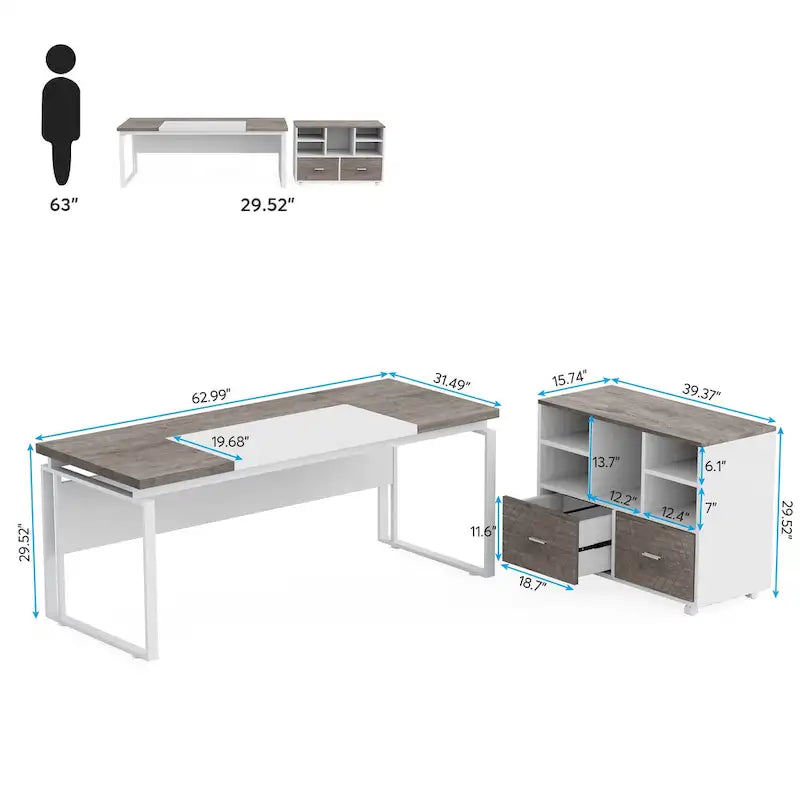 Bureau de direction en L de 63 pouces avec meuble de rangement réversible et tiroirs de rangement