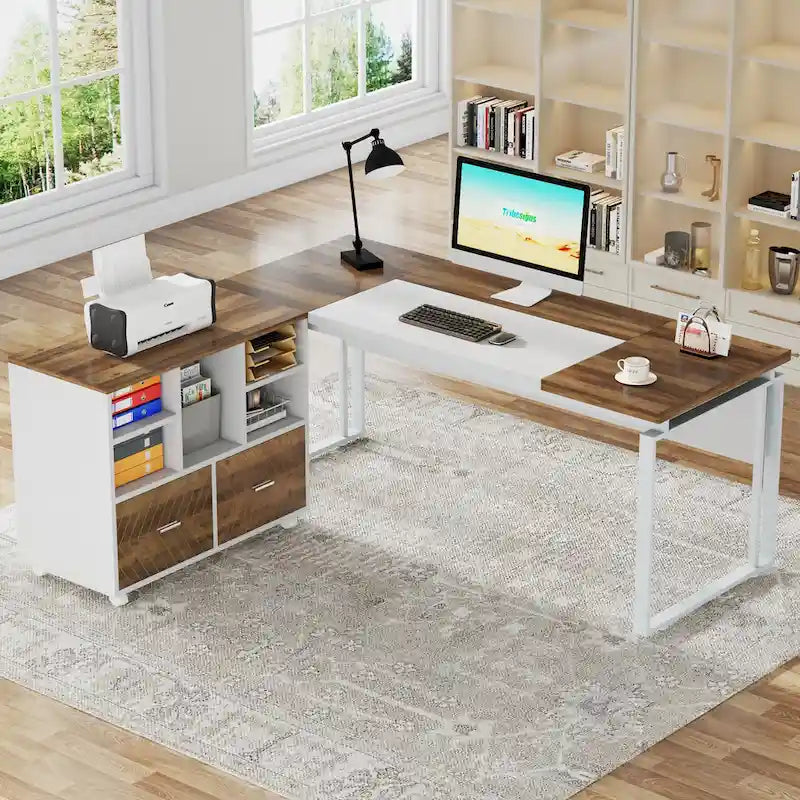 Bureau de direction en L de 63 pouces avec meuble de rangement réversible et tiroirs de rangement