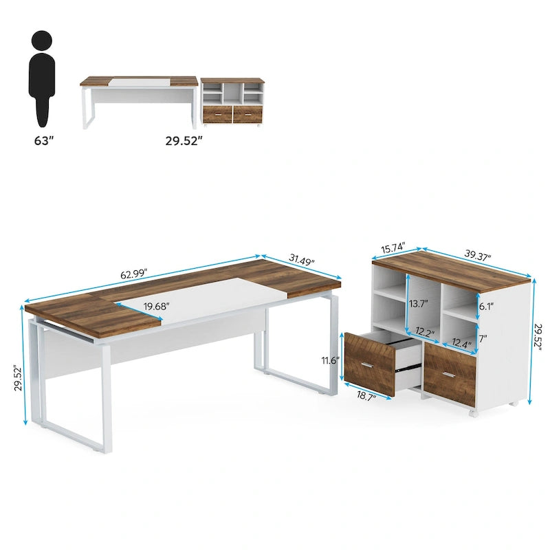 Bureau de direction en L de 63 pouces avec meuble de rangement réversible et tiroirs de rangement