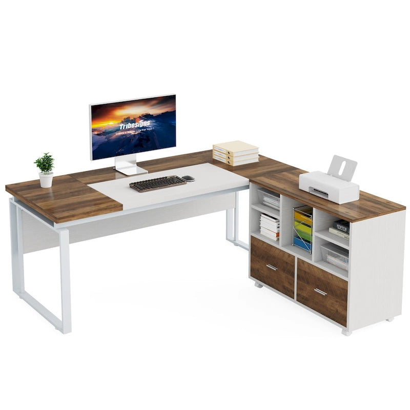 Bureau de direction en L de 63 pouces avec meuble de rangement réversible et tiroirs de rangement