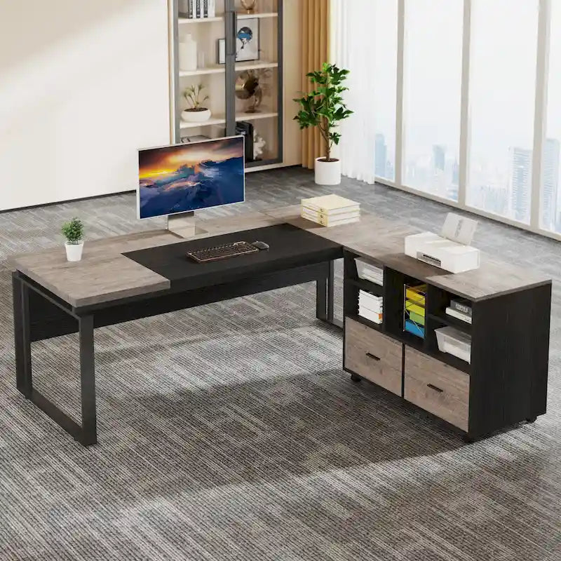 Bureau de direction en L de 63 pouces avec meuble de rangement réversible et tiroirs de rangement