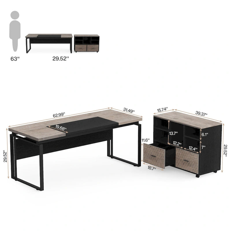 Bureau de direction en L de 63 pouces avec meuble de rangement réversible et tiroirs de rangement