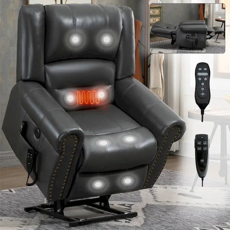 Fauteuil inclinable releveur électrique, Chaleur, Massage, Double moteur, Inclinaison infinie jusqu'à 158 kg, Mécanisme robuste avec ports USB