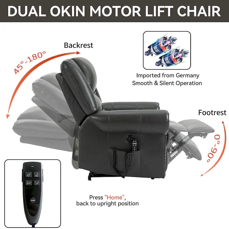 Fauteuil inclinable releveur électrique, Chaleur, Massage, Double moteur, Inclinaison infinie jusqu'à 158 kg, Mécanisme robuste avec ports USB