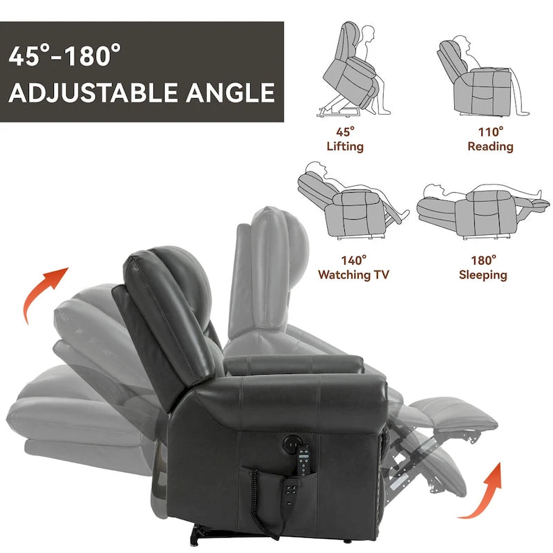 Fauteuil inclinable releveur électrique, Chaleur, Massage, Double moteur, Inclinaison infinie jusqu'à 158 kg, Mécanisme robuste avec ports USB