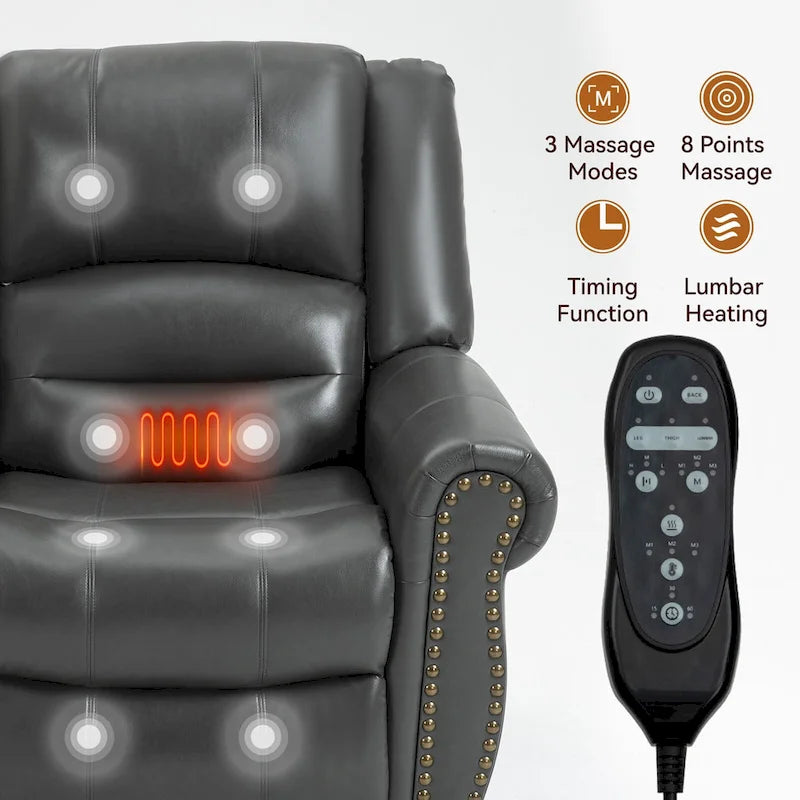 Fauteuil inclinable releveur électrique, Chaleur, Massage, Double moteur, Inclinaison infinie jusqu'à 158 kg, Mécanisme robuste avec ports USB