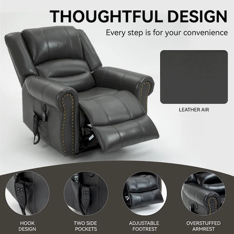 Fauteuil inclinable releveur électrique, Chaleur, Massage, Double moteur, Inclinaison infinie jusqu'à 158 kg, Mécanisme robuste avec ports USB