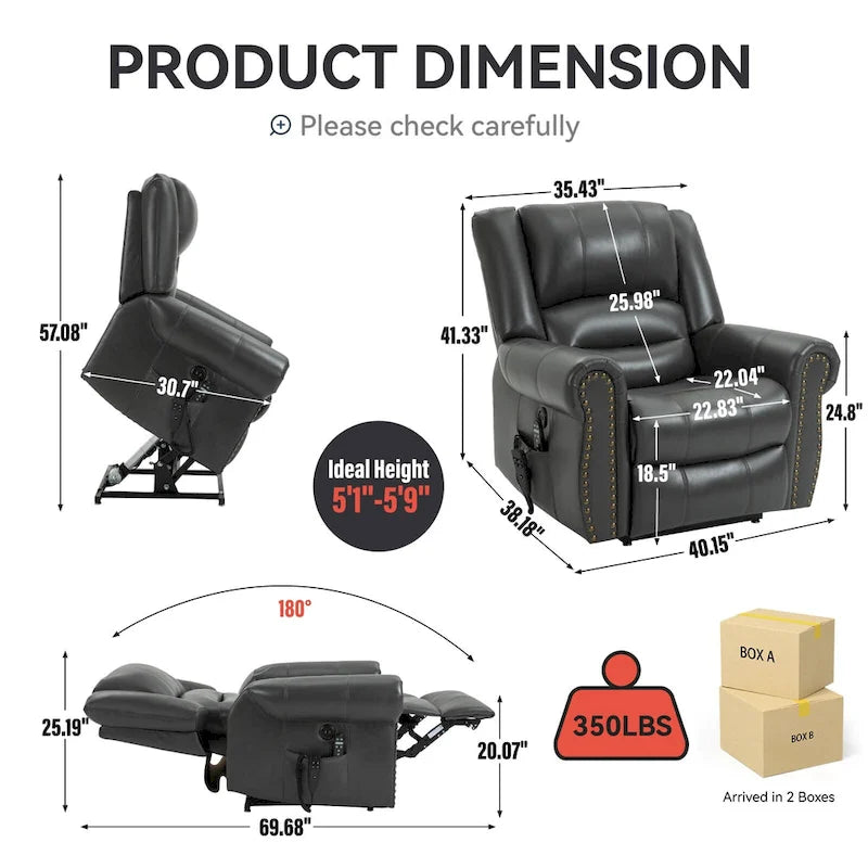Fauteuil inclinable releveur électrique, Chaleur, Massage, Double moteur, Inclinaison infinie jusqu'à 158 kg, Mécanisme robuste avec ports USB