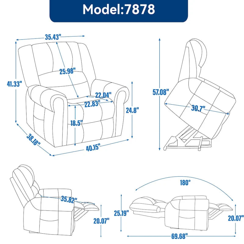Fauteuil inclinable releveur électrique, Chaleur, Massage, Double moteur, Inclinaison infinie jusqu'à 158 kg, Mécanisme robuste avec ports USB