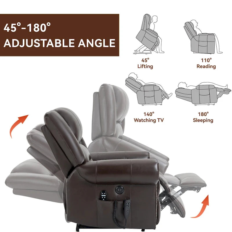 Fauteuil inclinable releveur électrique, Chaleur, Massage, Double moteur, Inclinaison infinie jusqu'à 158 kg, Mécanisme robuste avec ports USB