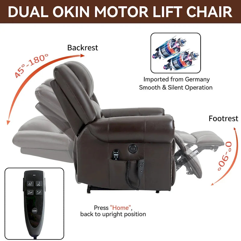 Fauteuil inclinable releveur électrique, Chaleur, Massage, Double moteur, Inclinaison infinie jusqu'à 158 kg, Mécanisme robuste avec ports USB
