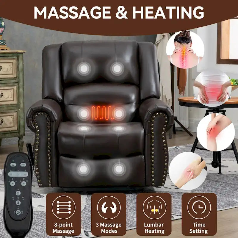 Fauteuil inclinable releveur électrique, Chaleur, Massage, Double moteur, Inclinaison infinie jusqu'à 158 kg, Mécanisme robuste avec ports USB