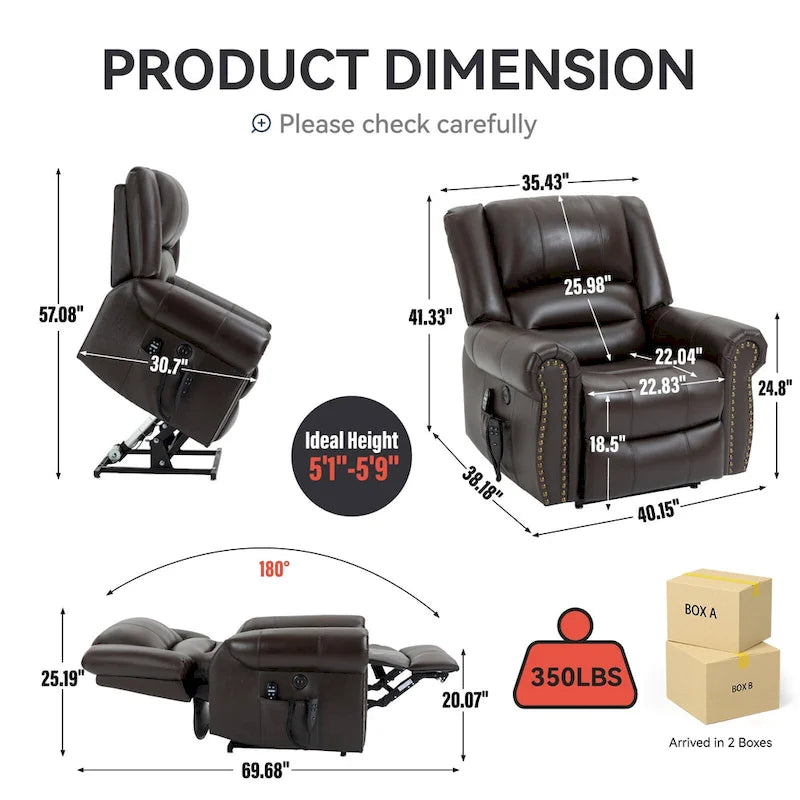 Fauteuil inclinable releveur électrique, Chaleur, Massage, Double moteur, Inclinaison infinie jusqu'à 158 kg, Mécanisme robuste avec ports USB