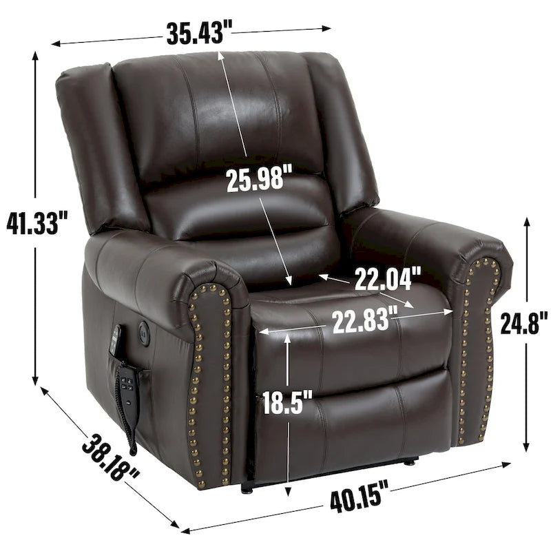 Fauteuil inclinable releveur électrique, Chaleur, Massage, Double moteur, Inclinaison infinie jusqu'à 158 kg, Mécanisme robuste avec ports USB