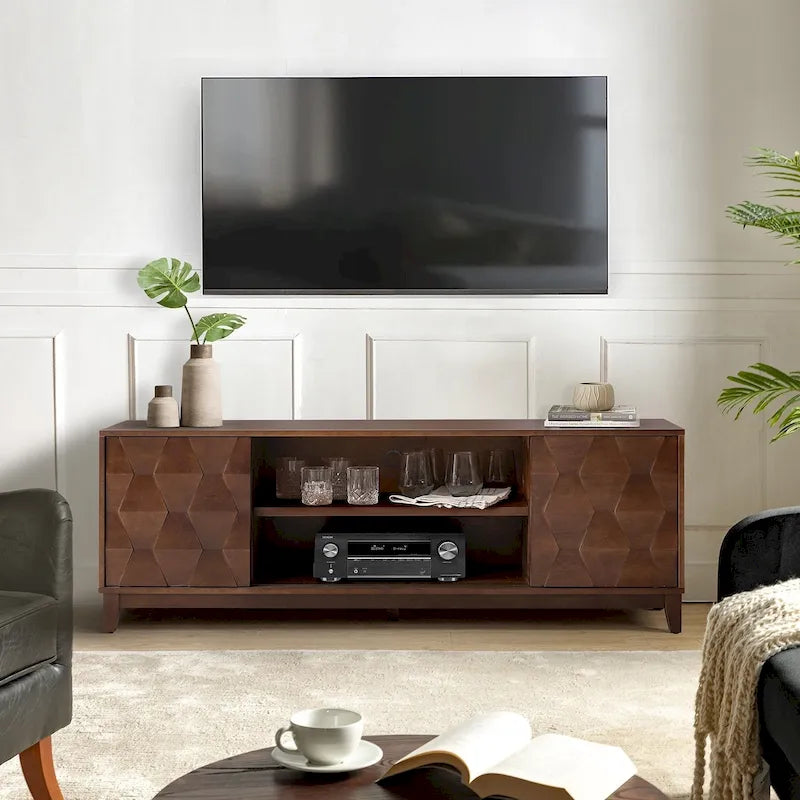 Meuble TV August Modern Media Console avec 2 tiroirs et portes coulissantes pour téléviseurs jusqu'à 78 po