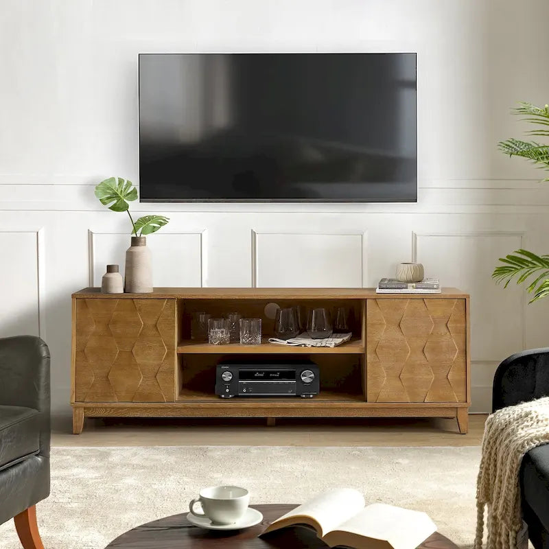 Meuble TV August Modern Media Console avec 2 tiroirs et portes coulissantes pour téléviseurs jusqu'à 78 po