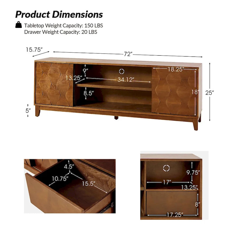 Meuble TV August Modern Media Console avec 2 tiroirs et portes coulissantes pour téléviseurs jusqu'à 78 po