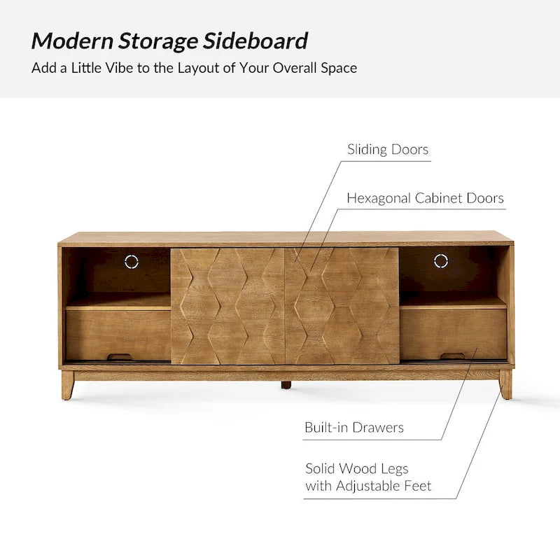 Meuble TV August Modern Media Console avec 2 tiroirs et portes coulissantes pour téléviseurs jusqu'à 78 po